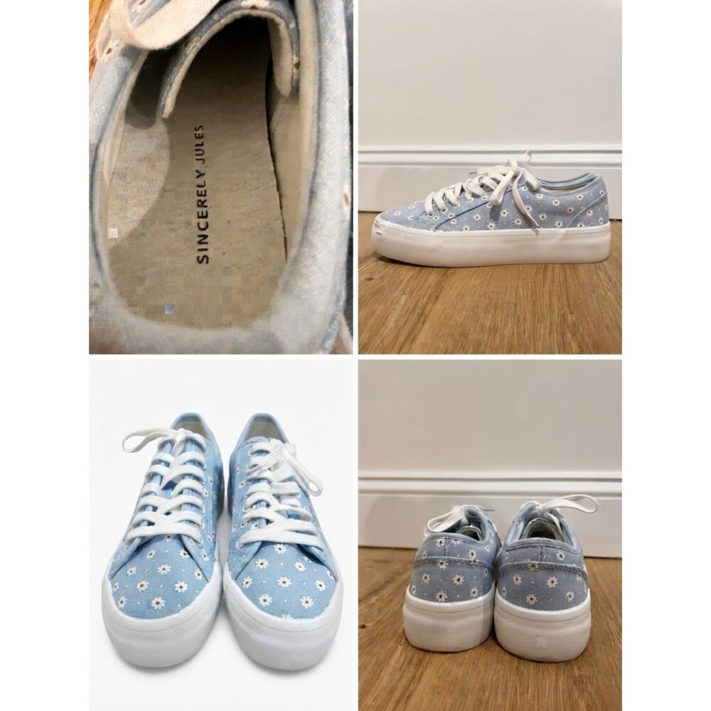 Sincerely Jules Daisy Lace Up Platform Canvas Sneakers Blue White Size 8